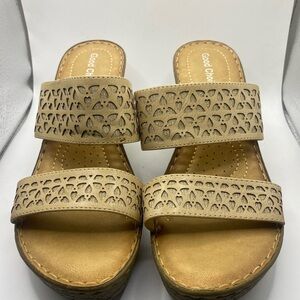 Good Chic Beige Laser-Cut Double-Strap Slide Sandals